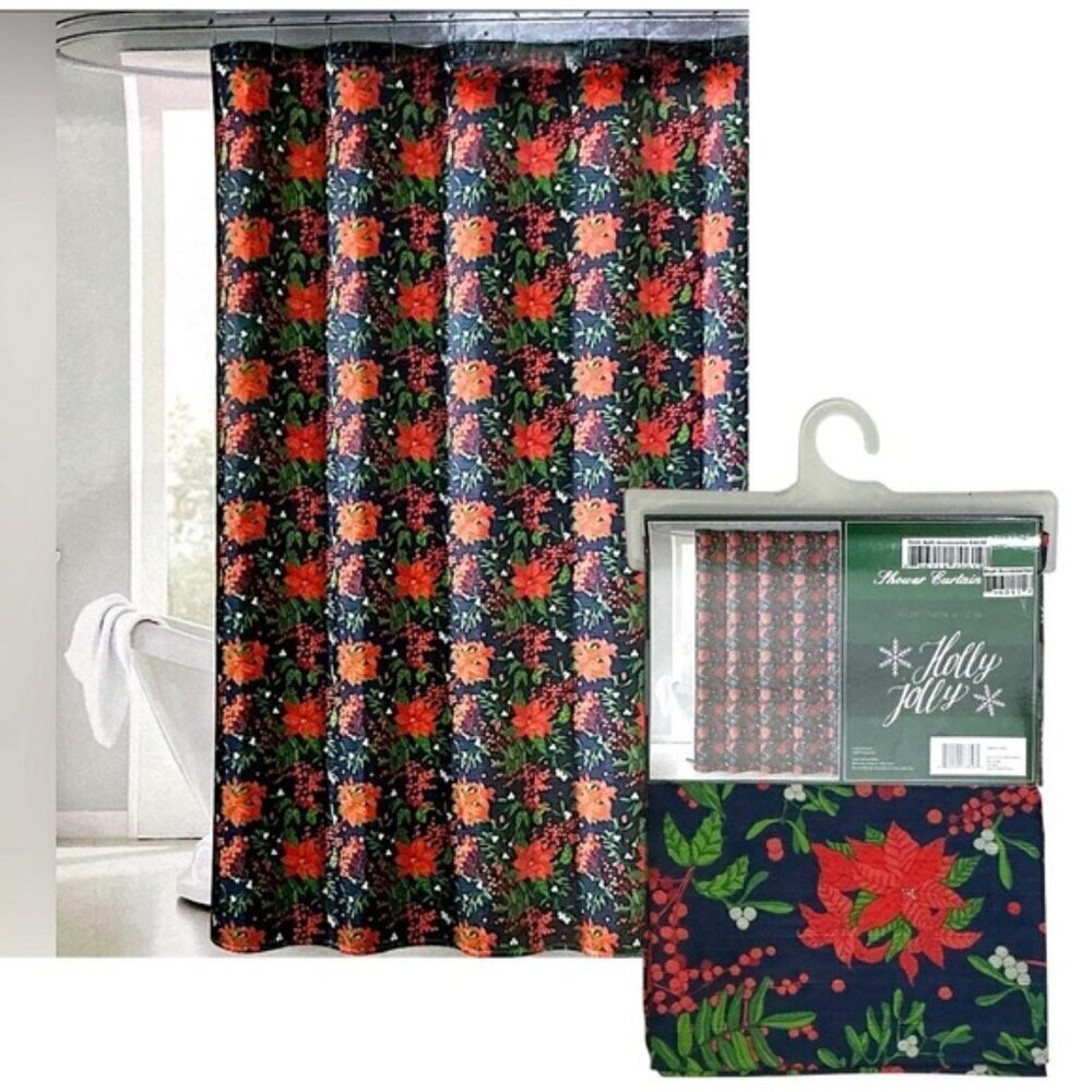 Christmas Shower Curtain Holiday Poinsettias Fabric Classic Navy Blue 70x72 In